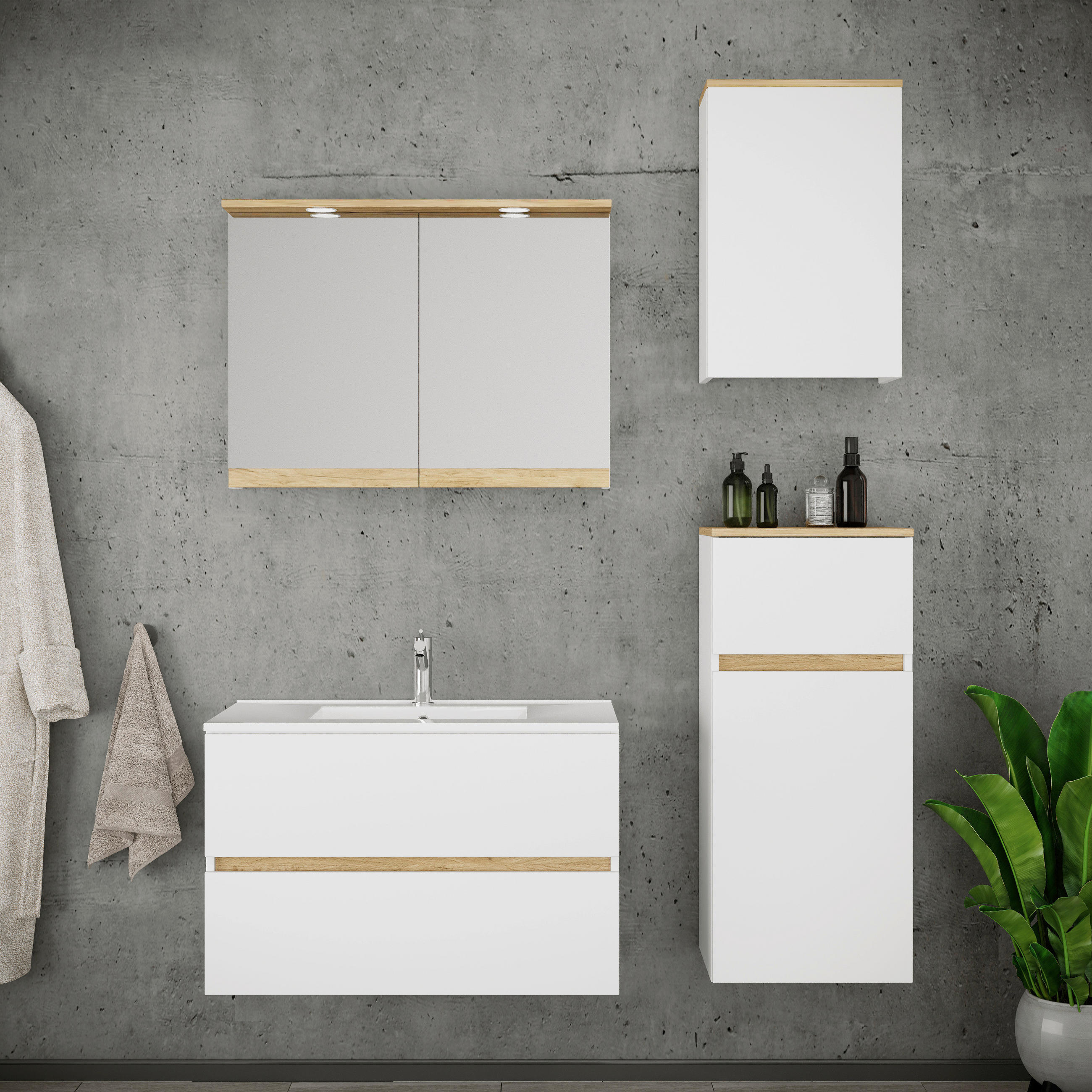 BADEZIMMER 5-teilig 121 cm  - Honigeiche/Weiss, Trend, Keramik/Holzwerkstoff (121cm) - MID.YOU