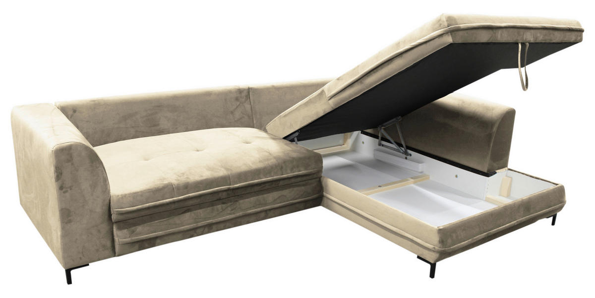 ECKSCHLAFSOFA  mit Rücken echt, Armteil rechts Velours Beige  - Beige/Schwarz, Design, Textil/Metall (277/187cm) - Livetastic