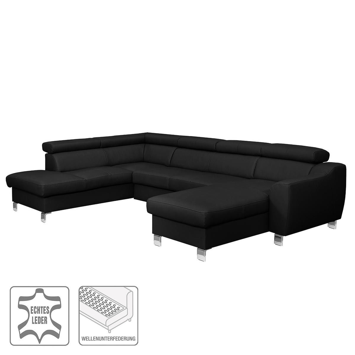 WOHNLANDSCHAFT in Lederlook Echtleder Schwarz  - Chromfarben/Schwarz, Design, Leder/Textil (208/315/175cm) - Livetastic