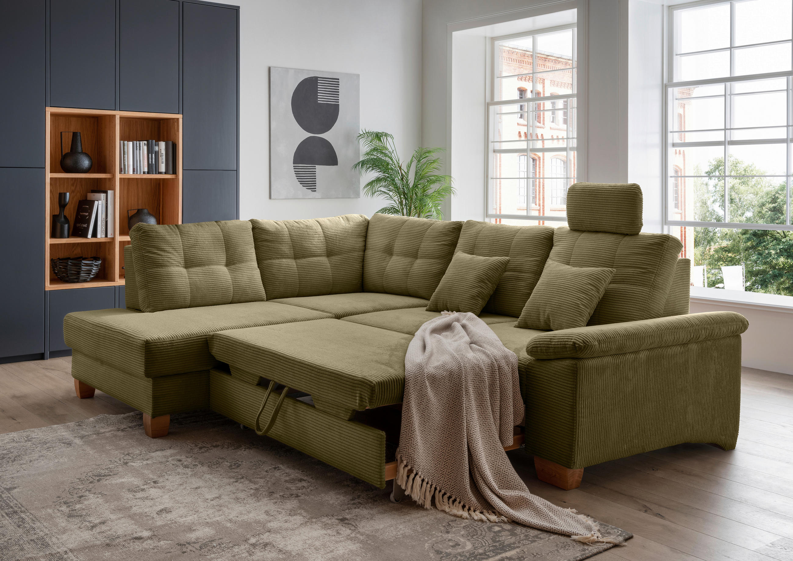 ECKSOFA in Cord Olivgrün  - Naturfarben/Olivgrün, Modern, Holz/Textil (206/274cm) - Livetastic
