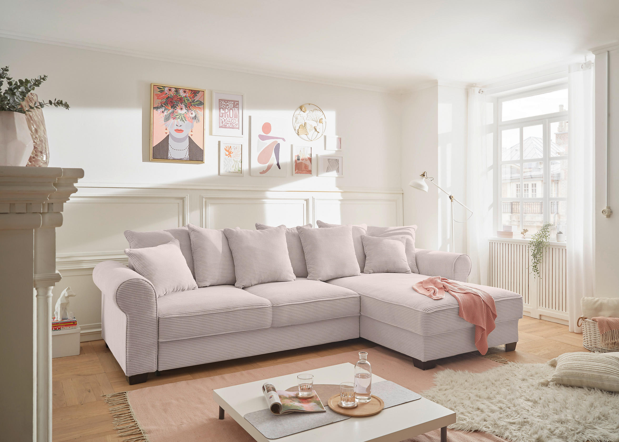 ECKSOFA Rosa Cord  - Schwarz/Rosa, KONVENTIONELL, Kunststoff/Textil (318/197cm) - Hom`in