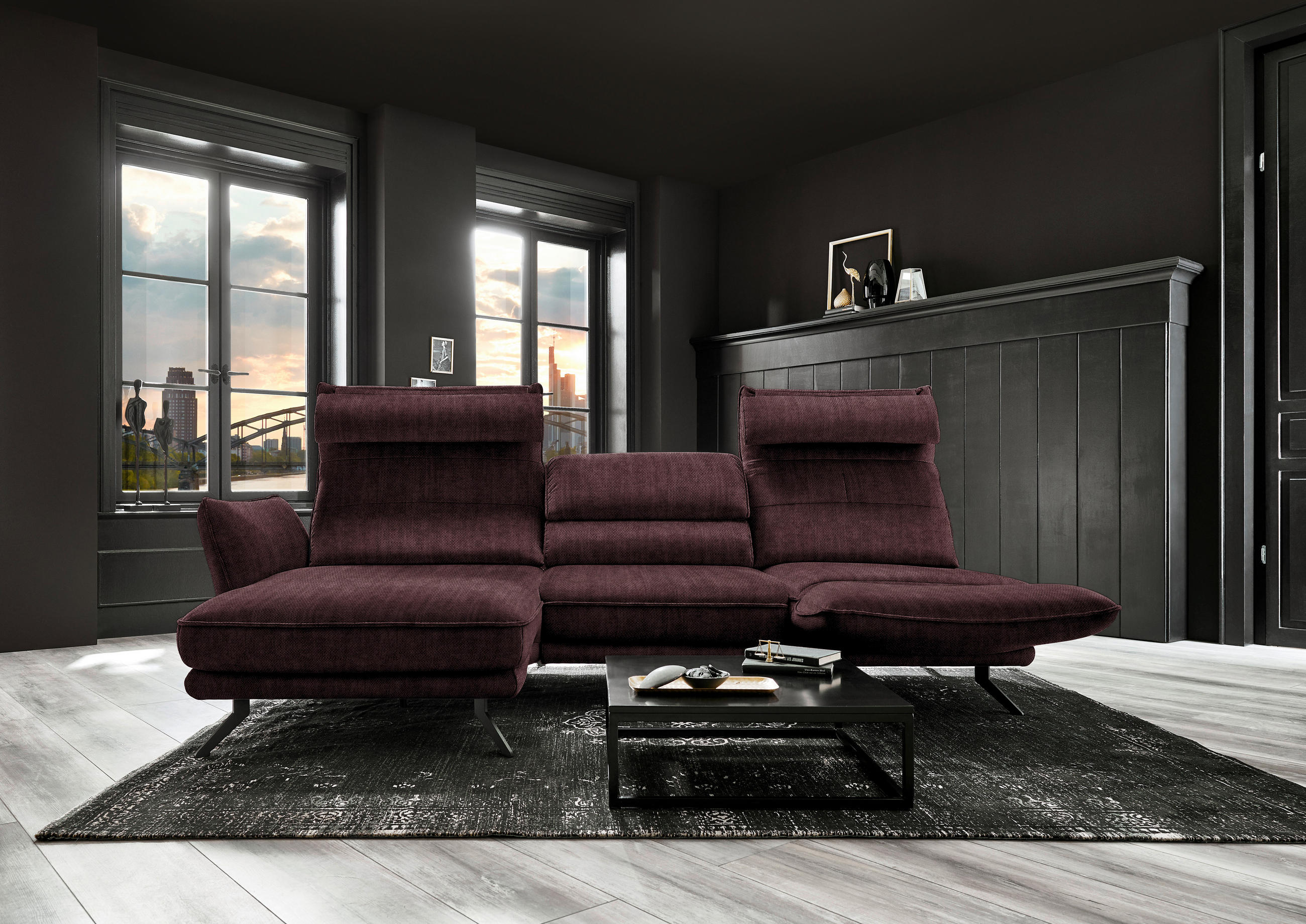 ECKSOFA in Velours Dunkelbraun  - Dunkelbraun/Schwarz, Design, Textil/Metall (153/283cm) - Valdera