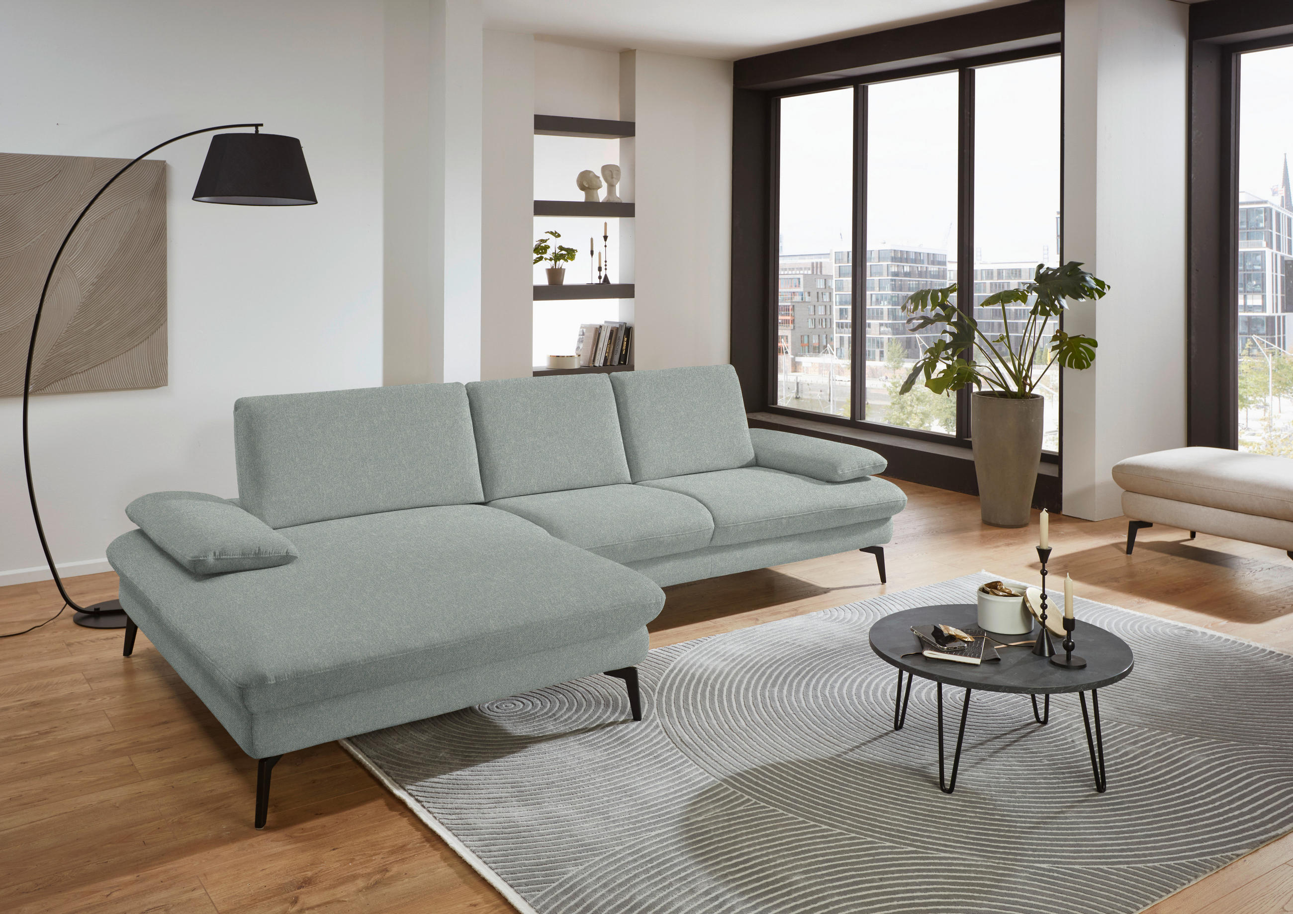 ECKSOFA in Chenille, Mikrofaser Hellblau, Salbeigrün  - Salbeigrün/Schwarz, Design, Textil/Metall (157/299cm) - Dieter Knoll