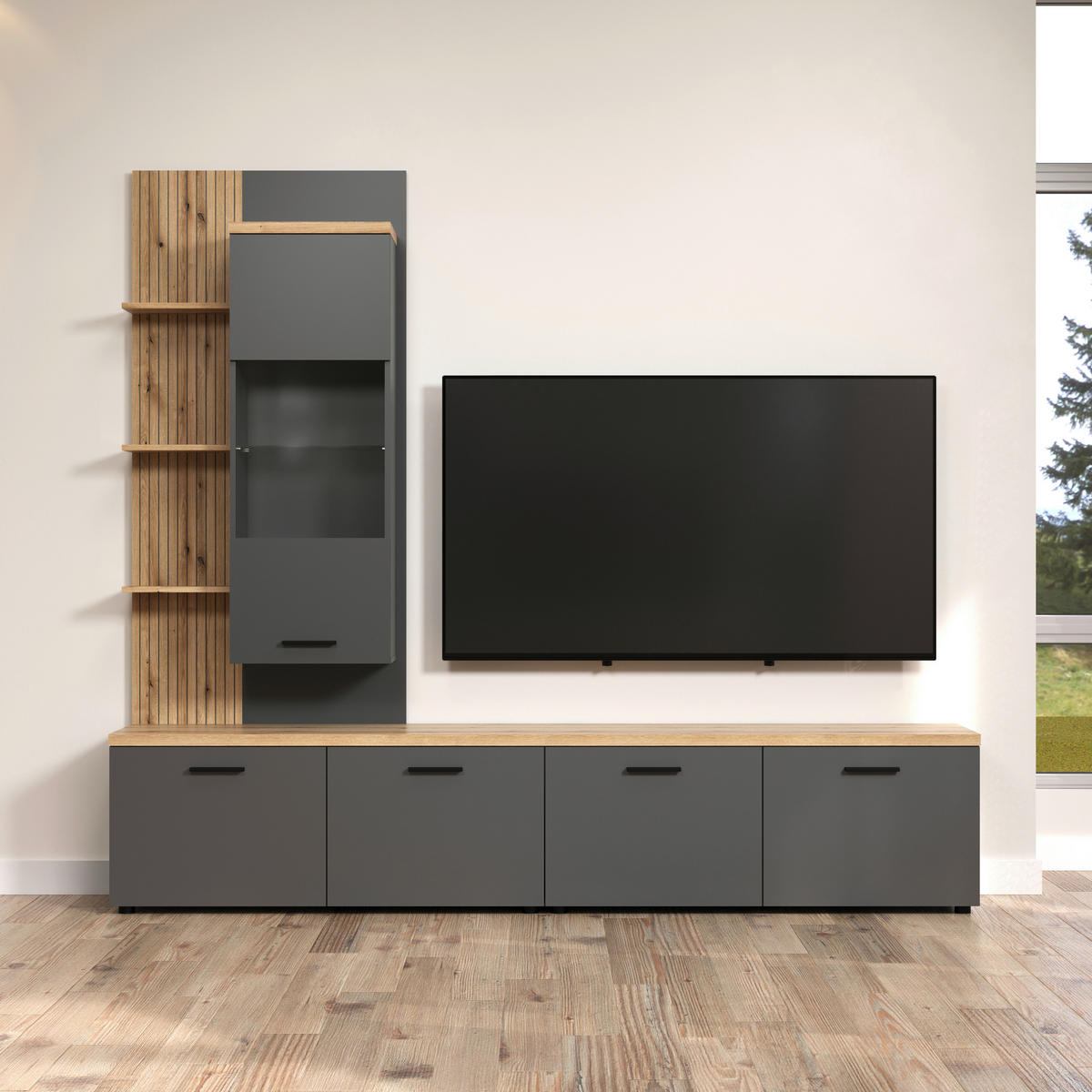 WOHNWAND 3-teilig  in Anthrazit, Eichefarben  240/212/40 cm  - Eichefarben/Anthrazit, Design, Glas/Holzwerkstoff (240/212/40cm) - MID.YOU