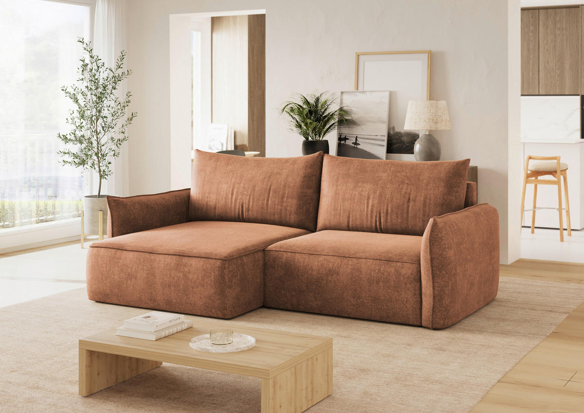 ECKSOFA Terracotta Struktur Rückenkissen, Bettkasten, Schlaffunktion, Rücken echt, Liegefläche im Originalstoff  - Terracotta/Schwarz, KONVENTIONELL, Kunststoff/Textil (148/266cm) - Milino