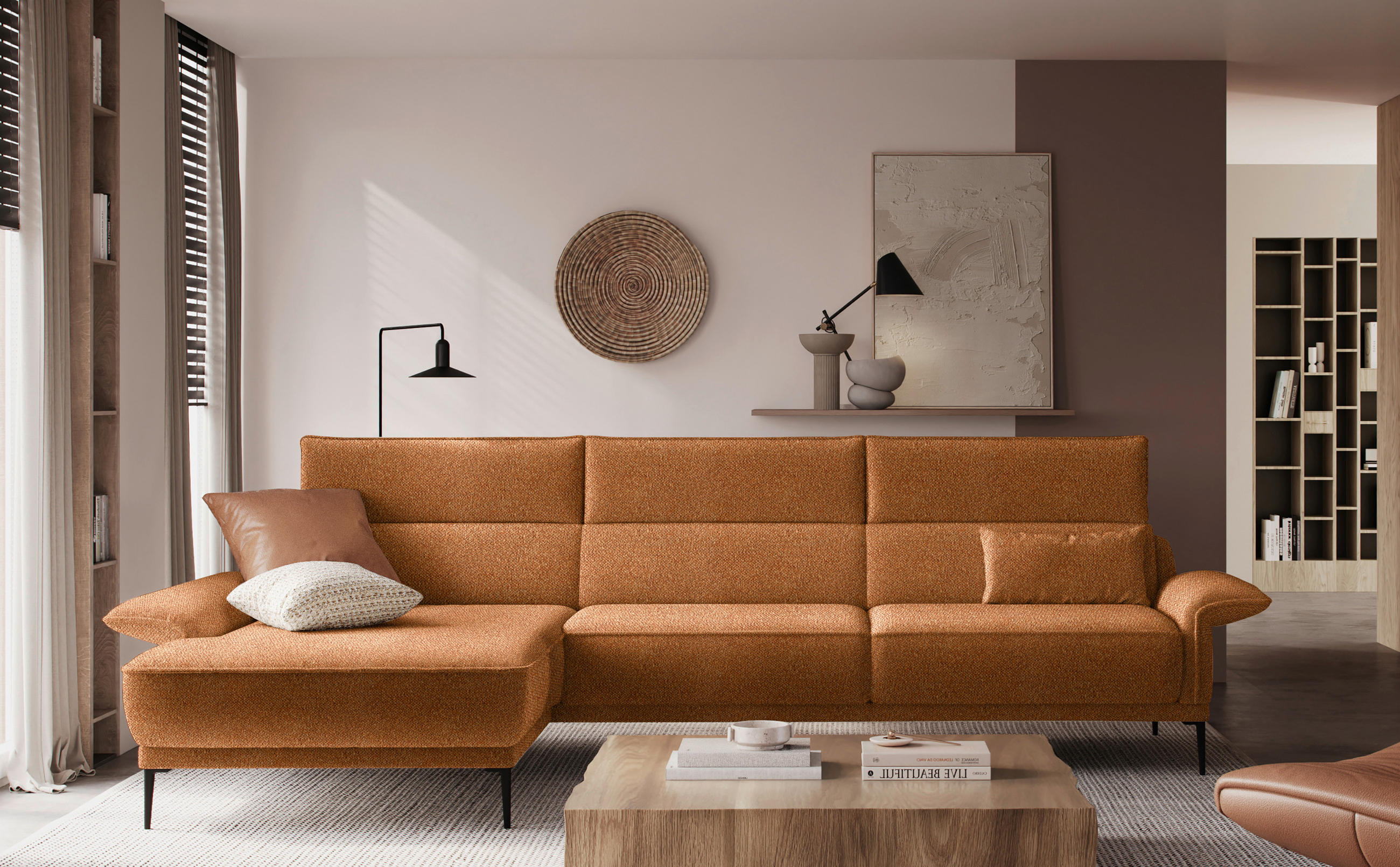 ECKSOFA in Bouclé Cognac  186/330 cm  - Cognac/Schwarz, MODERN, Textil/Metall (186/330cm) - Johann Jakob