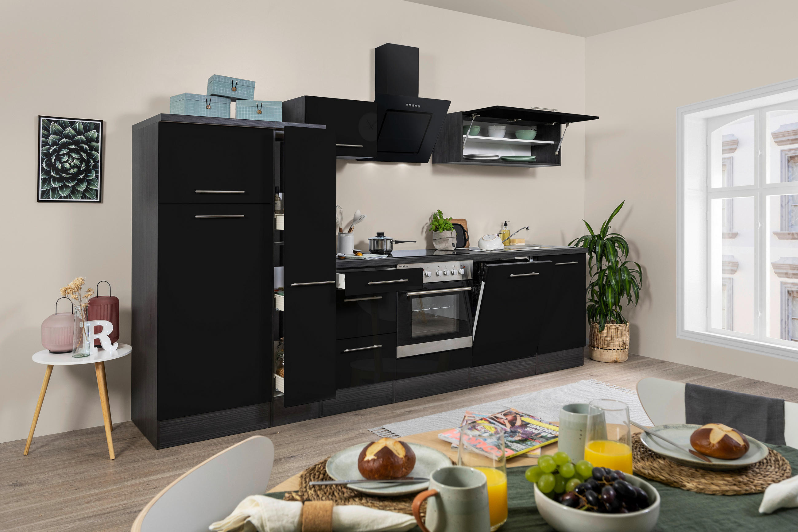 KÜCHENBLOCK 310 cm   in Eichefarben, Schwarz  - Edelstahlfarben/Eichefarben, Basics, Holzwerkstoff/Metall (310cm) - Respekta