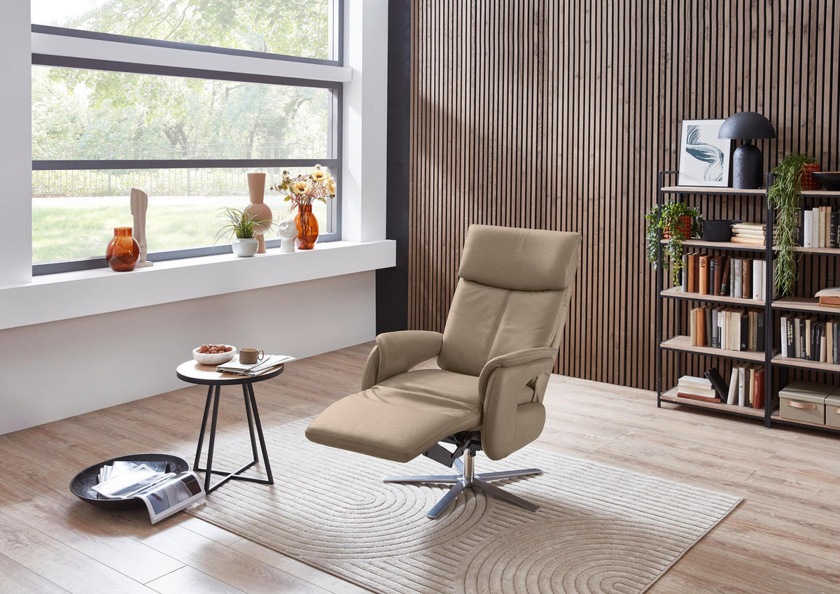 RELAXSESSEL in Leder Hellbraun  - Hellbraun/Edelstahlfarben, Design, Leder/Metall (70/124/85cm) - Cantus
