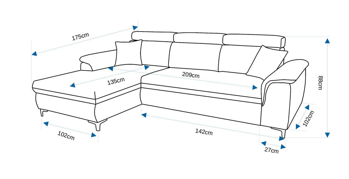 ECKSOFA Grau Flachgewebe Zierkissen, Schlaffunktion, Rücken echt, Kopfteilverstellung  - Chromfarben/Grau, KONVENTIONELL, Textil/Metall (268/175cm) - Carryhome