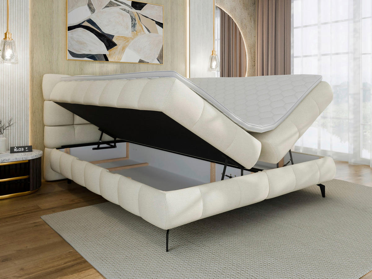 BOXBETT 160/200 cm,  in Weiß, Bettkasten, Topper, H3 + H3 = fest  - Schwarz/Weiß, Trend, Textil/Metall (160/200cm) - Esposa