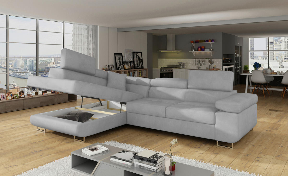 ECKSOFA ANTON Grau Flachgewebe Zierkissen, Bettkasten, Kopfteilverstellung  - Silberfarben/Grau, Design, Textil/Metall (203/272cm) - MID.YOU