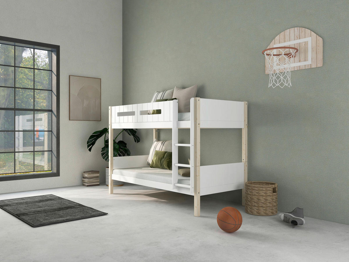 ETAGENBETT 90/200 cm,  in Absturzsicherung, Leiter, Lattenrost, Rollroste  - Naturfarben/Weiß, MODERN, Holz (90/200cm) - Chameo