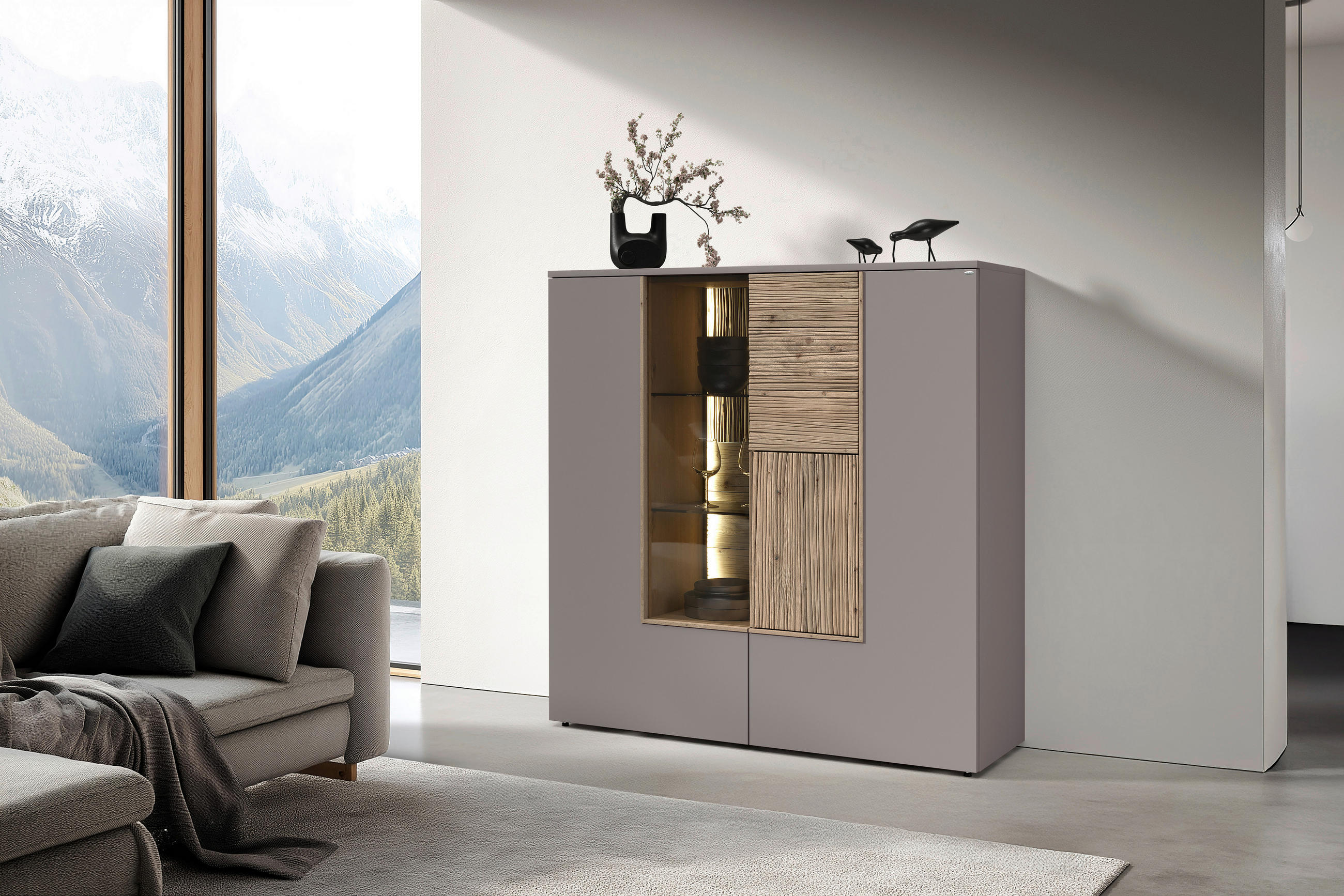 HIGHBOARD Grau, Wildeiche  127,9/132/42,9 cm  - Wildeiche/Grau, Design, Glas/Holz (127,9/132/42,9cm) - Voglauer