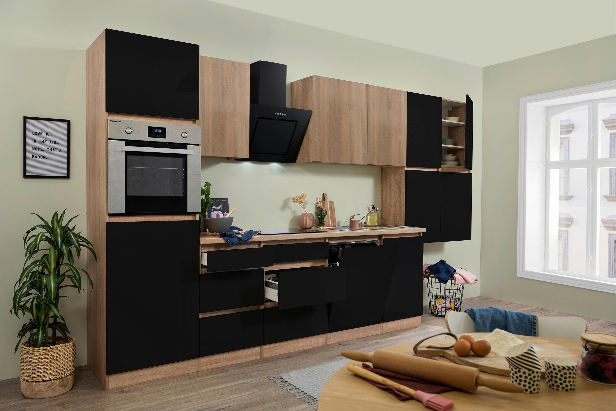 KÜCHENBLOCK 380 cm   in Eichefarben, Schwarz Hochglanz  - Schwarz Hochglanz/Eichefarben, Basics, Holzwerkstoff (380cm) - Respekta