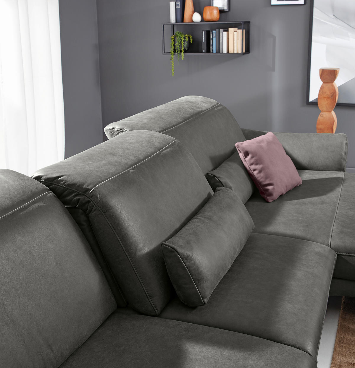 ECKSOFA MR 1350 Dunkelgrau Echtleder  - Dunkelgrau/Schwarz, Design, Leder/Metall (193/312cm) - Musterring