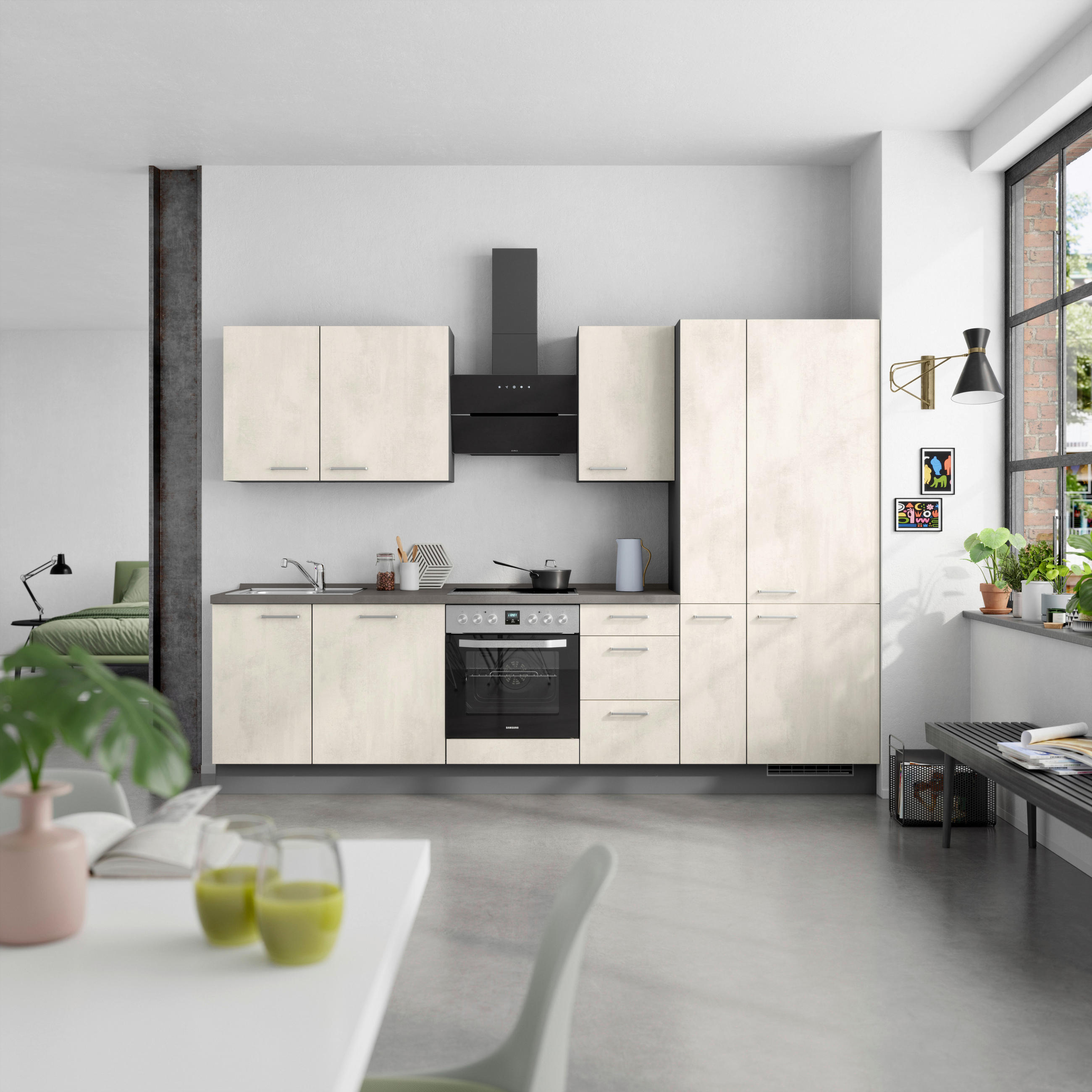 KÜCHENBLOCK Riva 300 cm  in Weiß, Schieferfarben  - Schieferfarben/Edelstahlfarben, MODERN, Holzwerkstoff/Metall (300cm) - Nobilia