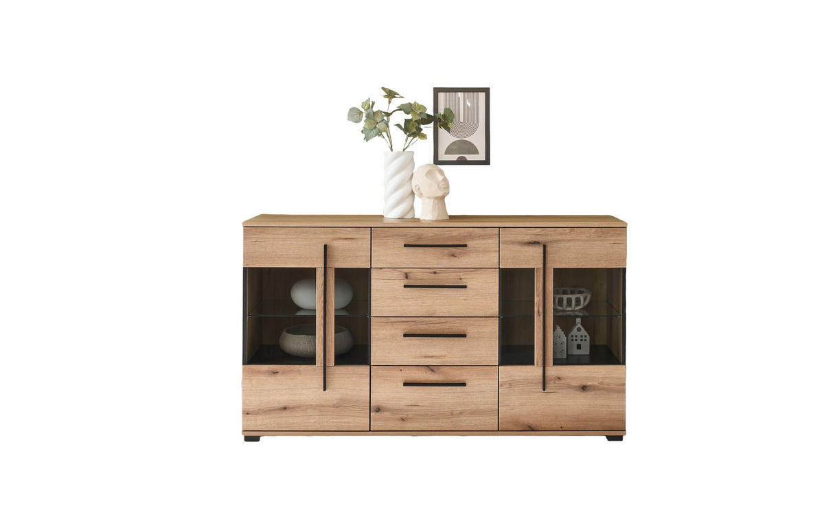 SIDEBOARD  150/86/42 cm 4 Schublade(n)  - Eichefarben/Schwarz, Design, Glas/Holzwerkstoff (150/86/42cm) - Livetastic