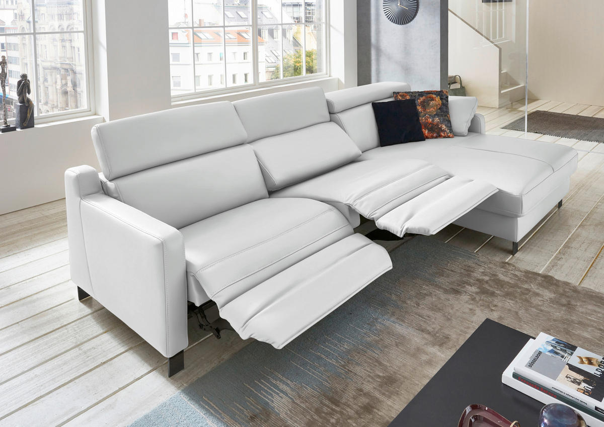 ECKSOFA in Echtleder Weiss  - Weiss/Schwarz, Design, Leder/Metall (291/176cm) - Valdera