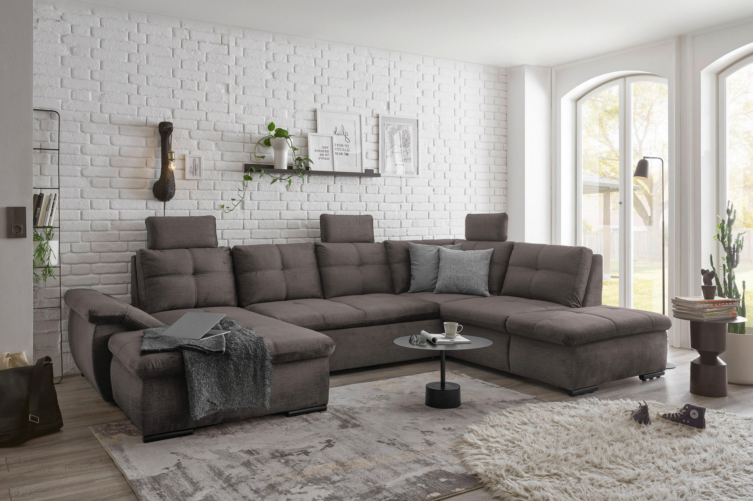WOHNLANDSCHAFT in Mikrovelours Graubraun  - Graubraun/Schwarz, Konventionell, Kunststoff/Textil (127/334/217cm) - Carryhome