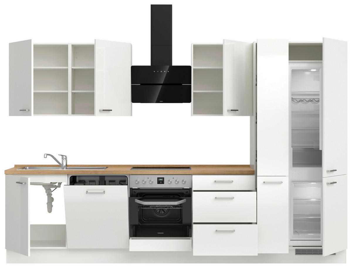 KÜCHENLEERBLOCK 330 cm   in Eichefarben, Weiß Hochglanz  - Edelstahlfarben/Eichefarben, MODERN, Holzwerkstoff/Metall (330cm) - Nobilia