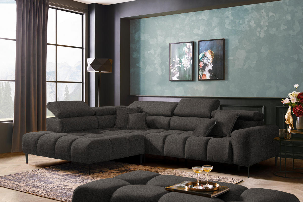 ECKSOFA in Webstoff Graubraun  - Graubraun/Schwarz, Design, Textil/Metall (216/300cm) - Welnova