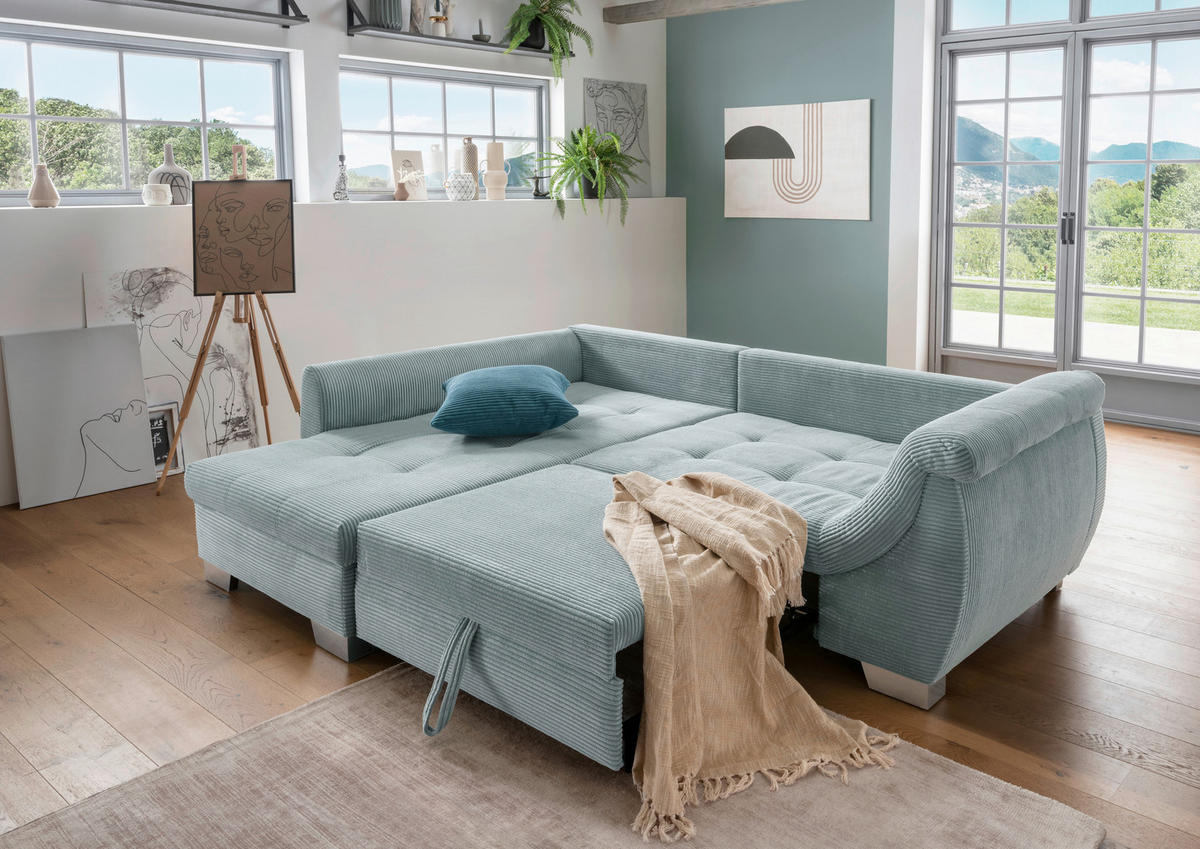 ECKSOFA in Cord Blau  - Blau/Silberfarben, Design, Holz/Textil (190/250cm) - MID.YOU