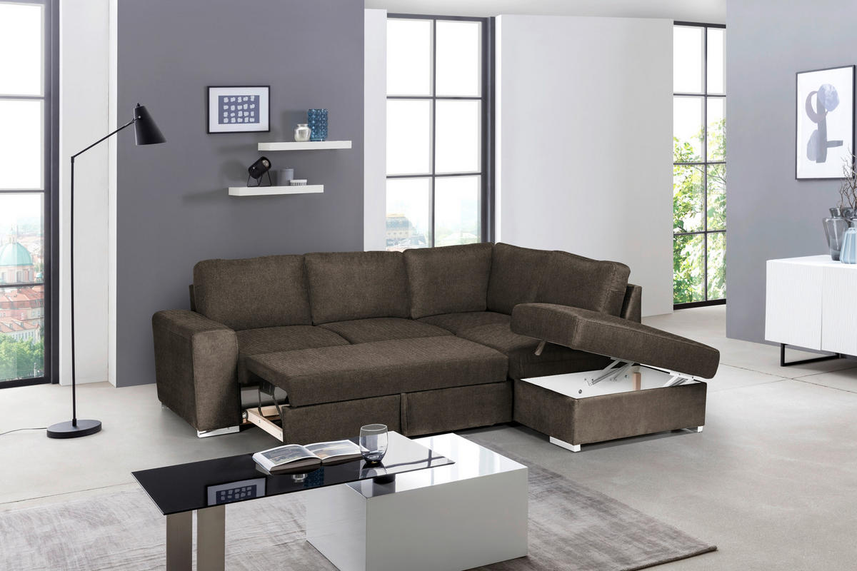 ECKSOFA Dunkelbraun Mikrofaser  - Chromfarben/Dunkelbraun, KONVENTIONELL, Textil/Metall (248/213cm) - MID.YOU