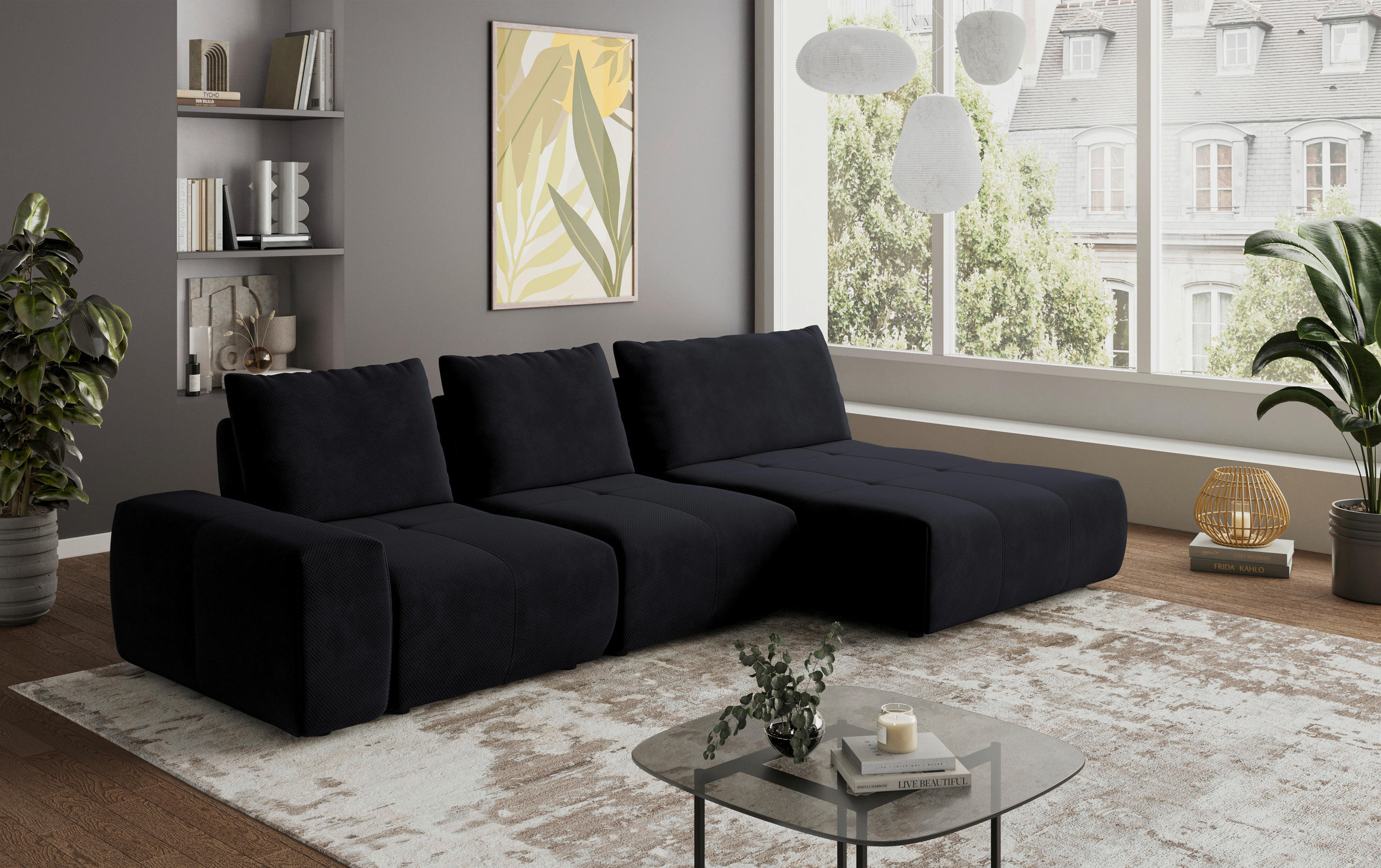 ECKSOFA in Velours Anthrazit  347/174 cm  - Anthrazit/Schwarz, Design, Kunststoff/Textil (347/174cm) - Xora