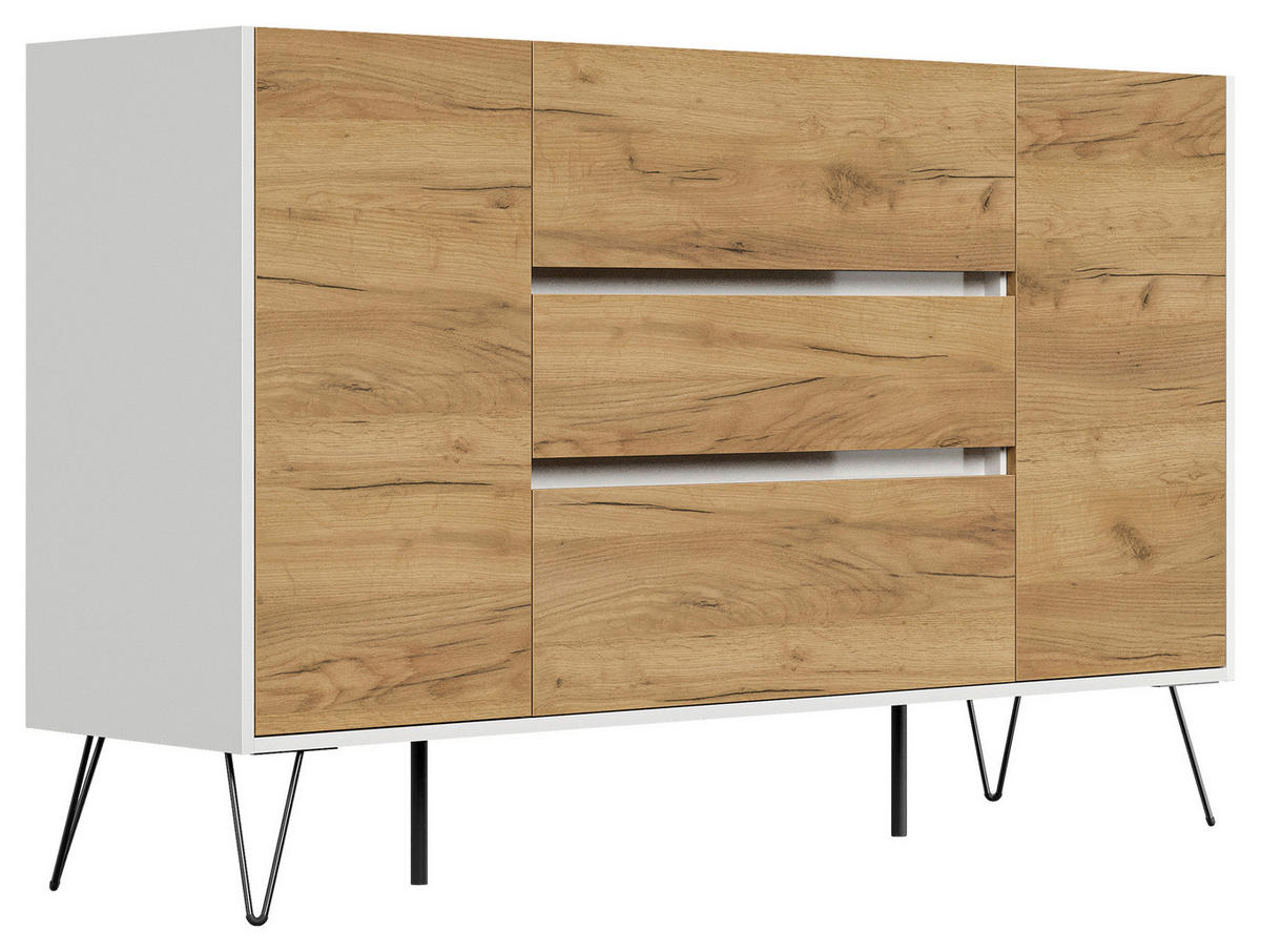 SIDEBOARD Posseik Industrial 155/93,6/42 cm 3 Schublade(n)  - Eichefarben/Weiß Hochglanz, Design, Holzwerkstoff/Metall (155/93,6/42cm) - P & B