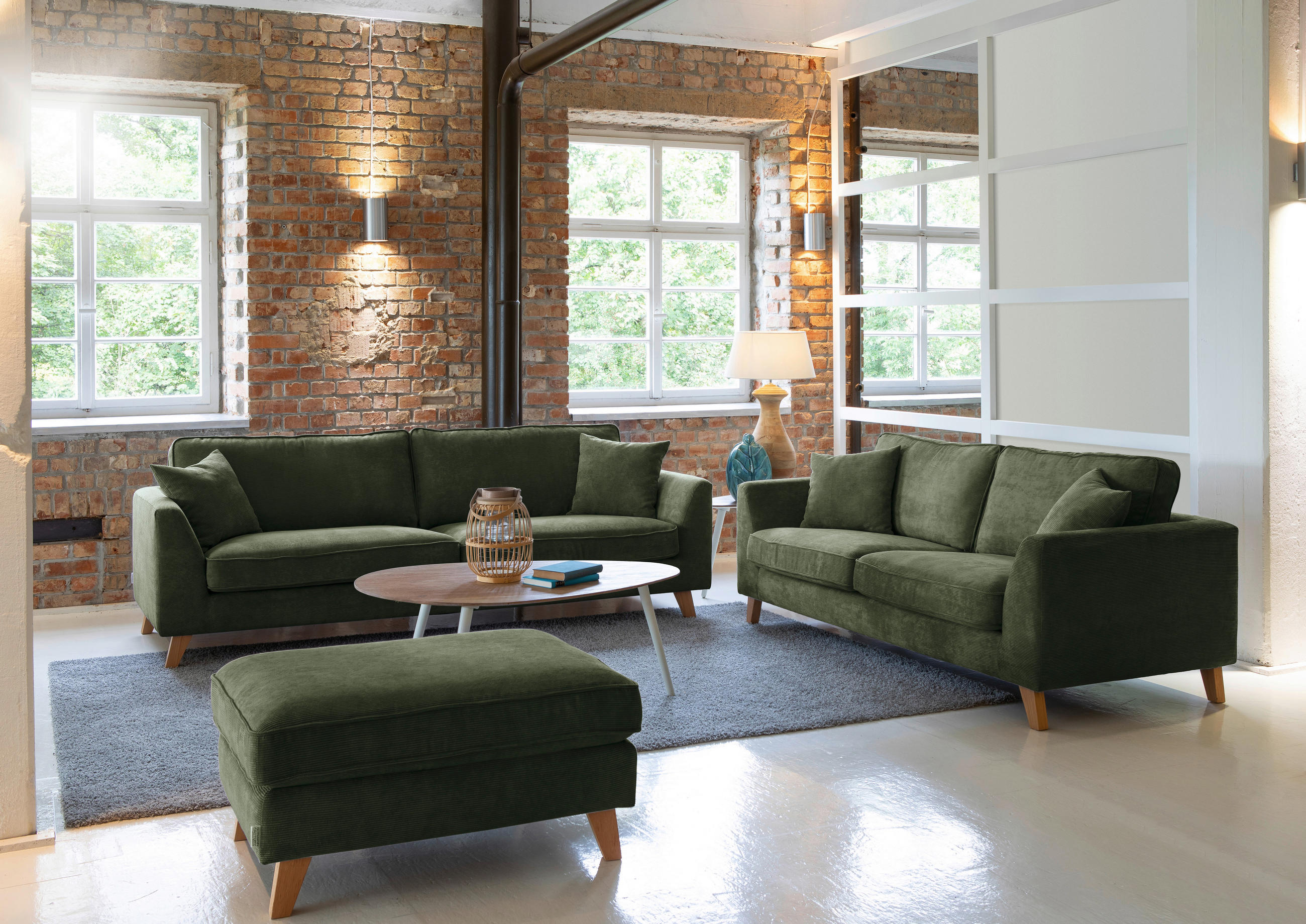 BIGSOFA in Cord Grün  - Buchefarben/Grün, Design, Holz/Textil (240/63/90cm) - MID.YOU