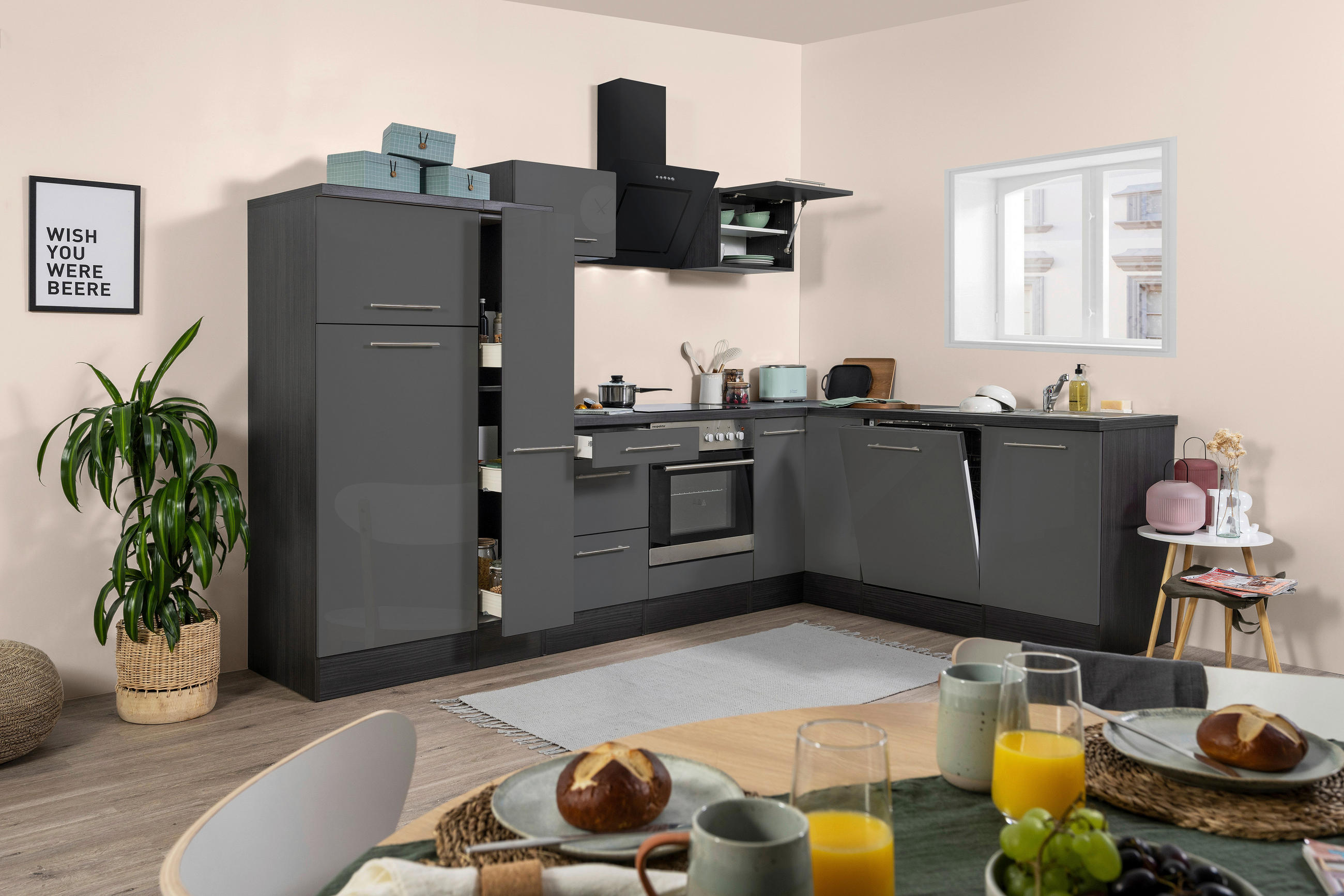 ECKKÜCHE 290/200 cm  in Grau, Eichefarben  - Edelstahlfarben/Eichefarben, Basics, Holzwerkstoff/Metall (290/200cm) - Respekta