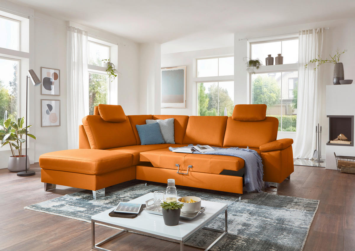 ECKSOFA  in Echtleder Orange  235/248 cm  - Alufarben/Orange, Design, Leder/Metall (235/248cm) - Beldomo Premium