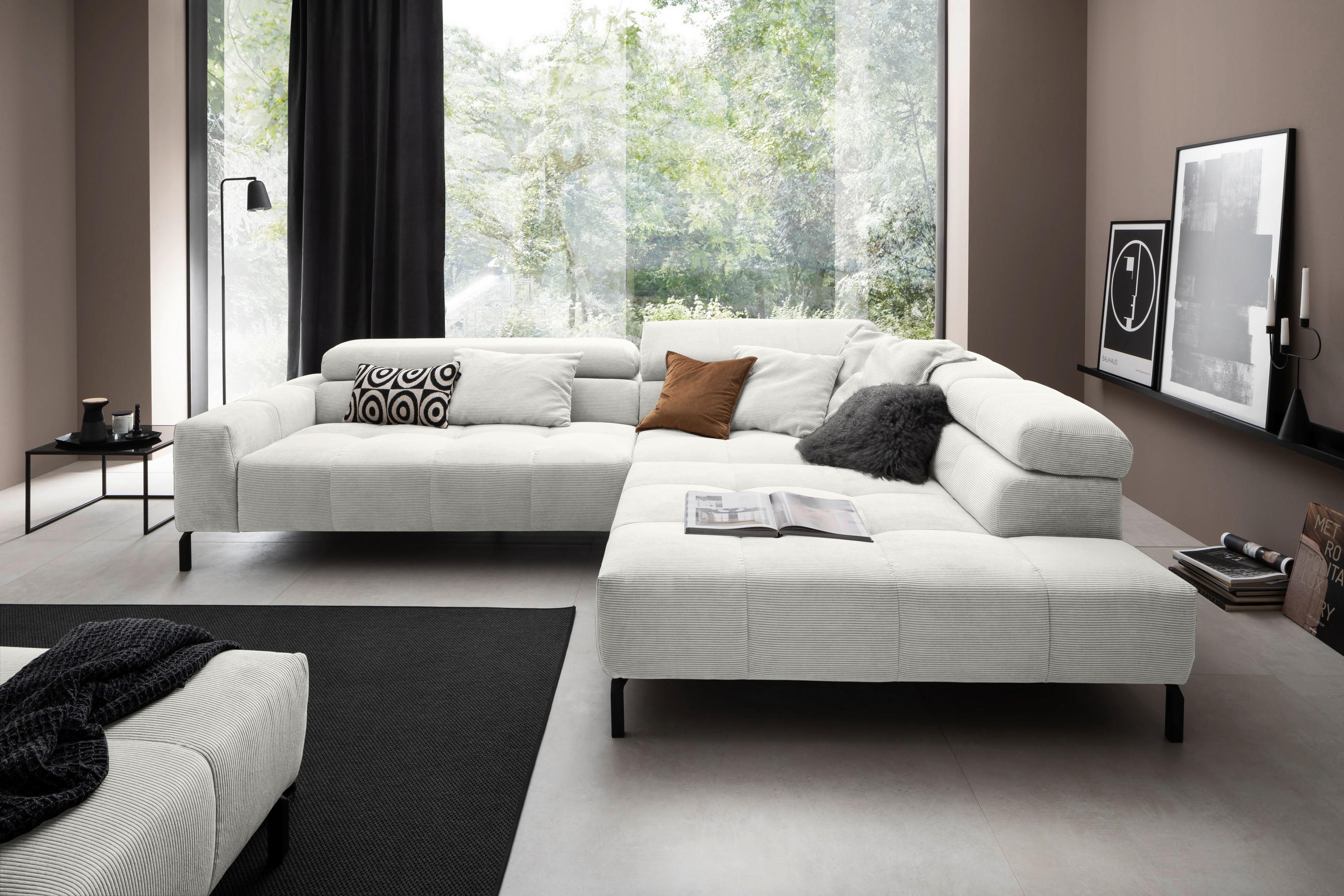 ECKSOFA in Cord Weiss  - Weiss/Schwarz, Konventionell, Textil/Metall (311/219cm) - Hom`in