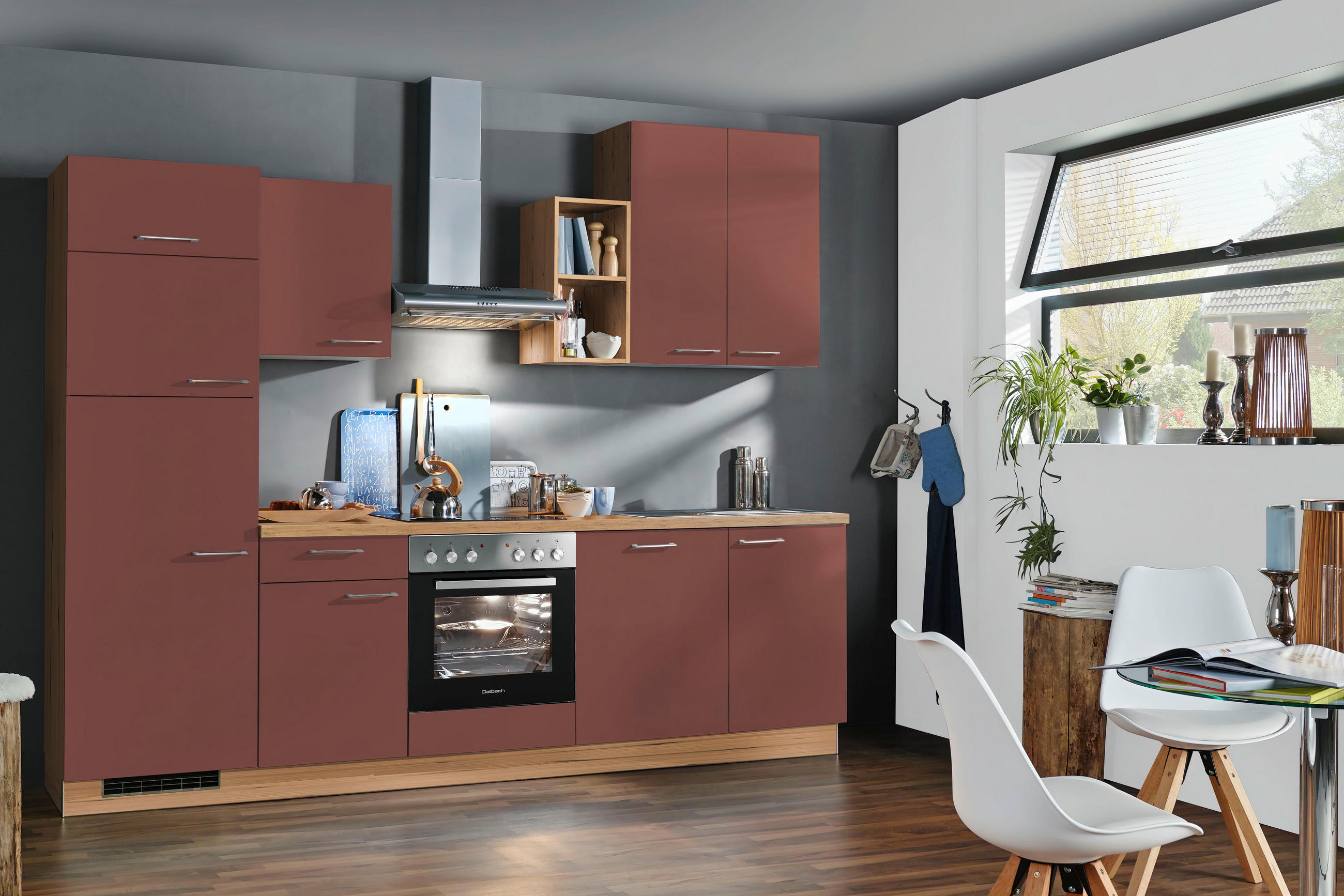 KÜCHENBLOCK 280 cm   in Rot, Eichefarben  - Edelstahlfarben/Eichefarben, KONVENTIONELL, Holzwerkstoff/Metall (280cm) - Welnova