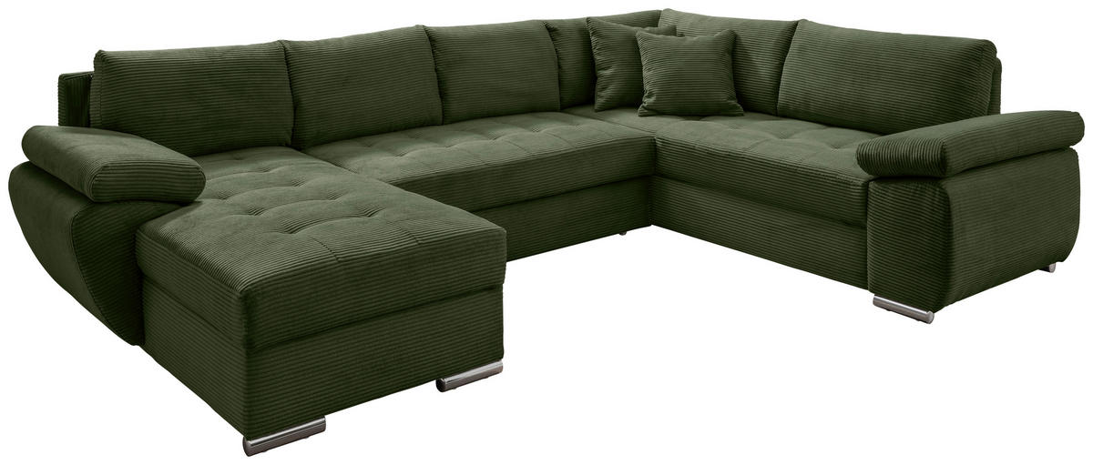 WOHNLANDSCHAFT Dunkelgrün Cord  - Chromfarben/Dunkelgrün, KONVENTIONELL, Textil/Metall (157/305/219cm) - Livetastic