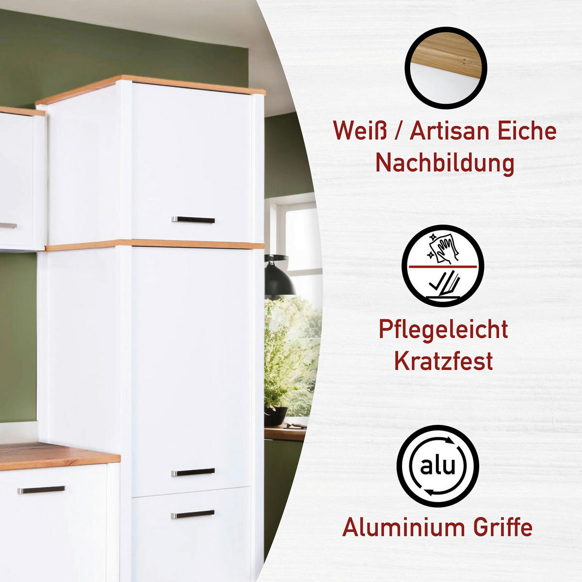 KÜCHENLEERBLOCK   in Weiß, Eiche Artisan  - Silberfarben/Weiß, MODERN, Glas/Holzwerkstoff (430/227/60cm) - home24