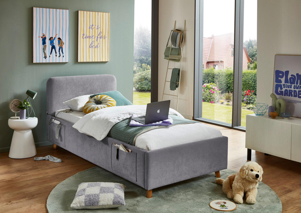 POLSTERBETT 90/200 cm,  in Grau, Eichefarben, Lattenrost, Bettkasten, Betttasche,  - Eichefarben/Birkefarben, KONVENTIONELL, Holz/Textil (90/200cm) - Boxxx