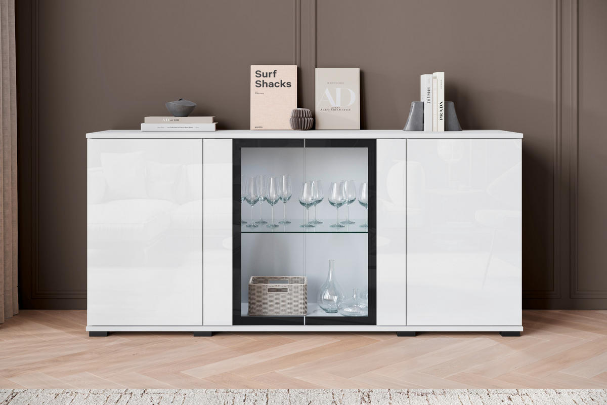 SIDEBOARD 150/69,7/39,5 cm  in Weiss, Weiss Hochglanz  - Weiss Hochglanz/Weiss, Design, Glas/Holzwerkstoff (150/69,7/39,5cm) - Livetastic