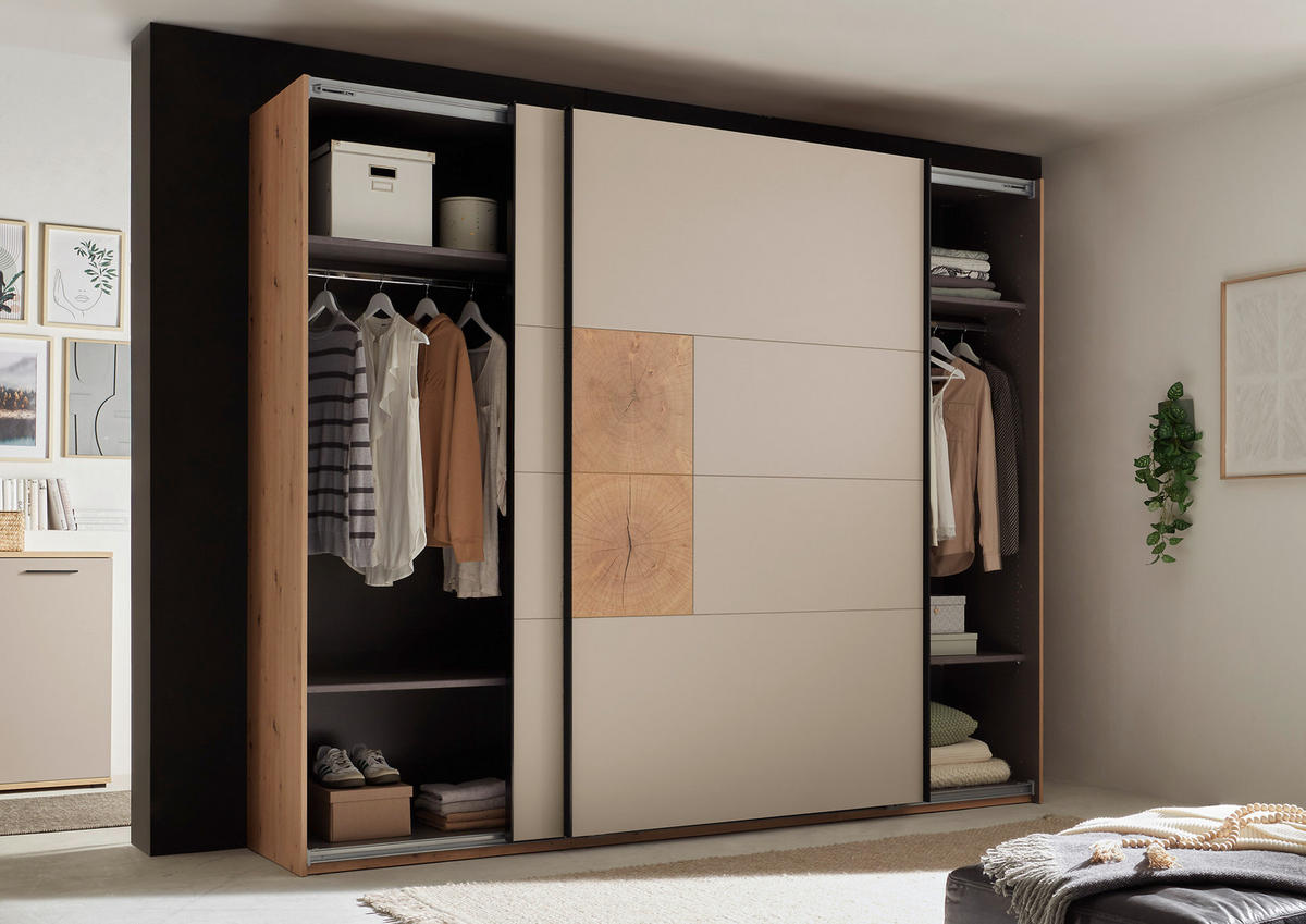 SCHWEBETÜRENSCHRANK  in Kaschmir, Eiche Artisan  - Kaschmir/Schwarz, KONVENTIONELL, Holzwerkstoff/Metall (270/225,5/63,7cm) - Xora