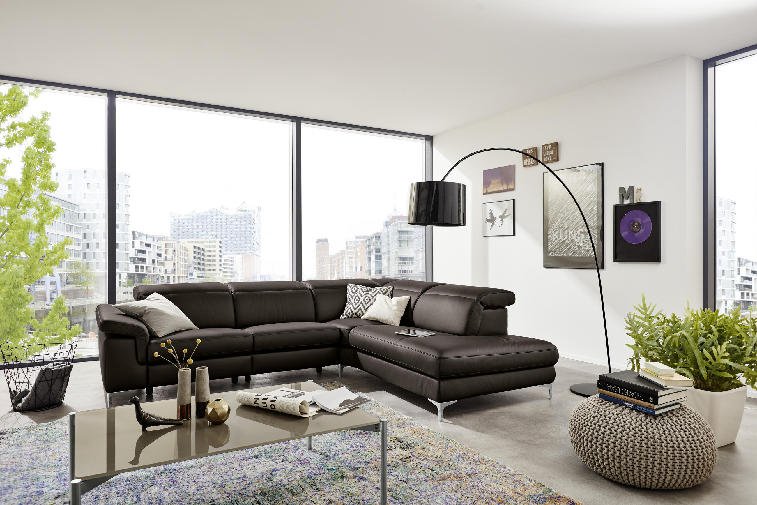 ECKSOFA Dunkelbraun Echtleder  - Dunkelbraun/Alufarben, Design, Leder (297/240cm) - Musterring