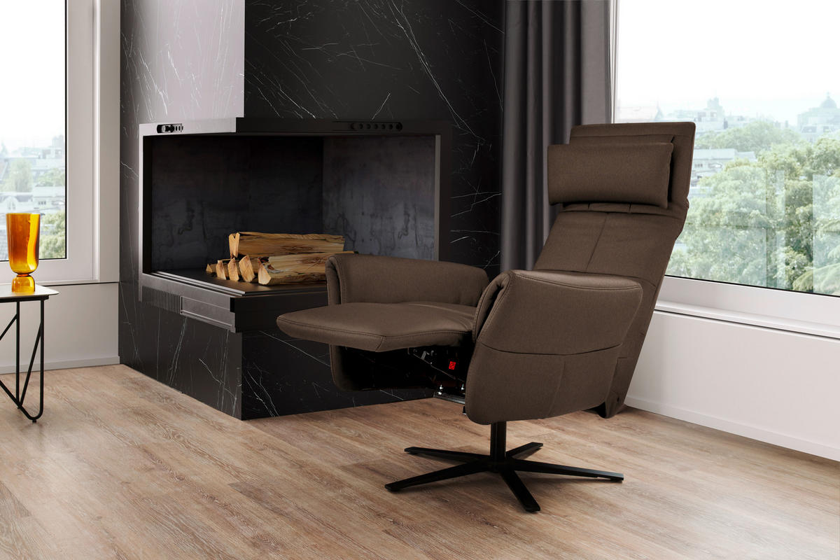 RELAXSESSEL Echtleder Relaxfunktion, Kopfteilverstellung, Nackenkissen    - Schwarz/Braun, Design, Leder/Metall (81/118/82cm) - Schöner Wohnen