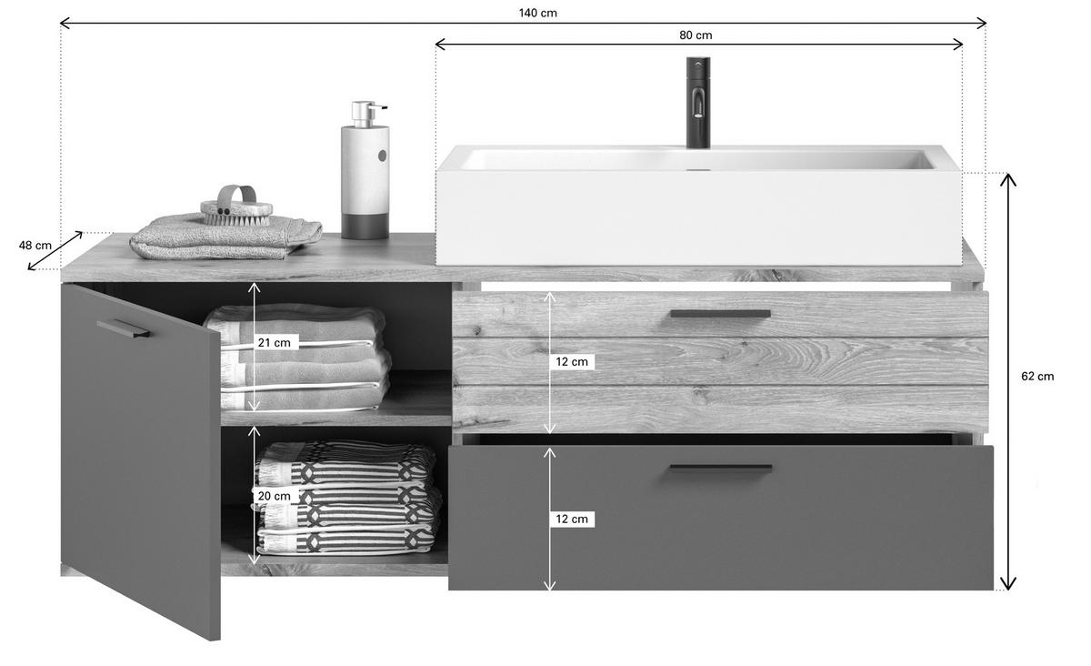 BADEZIMMER 3-teilig  in 140 cm  - Eichefarben/Weiß Hochglanz, MODERN, Glas/Keramik (140cm) - MID.YOU