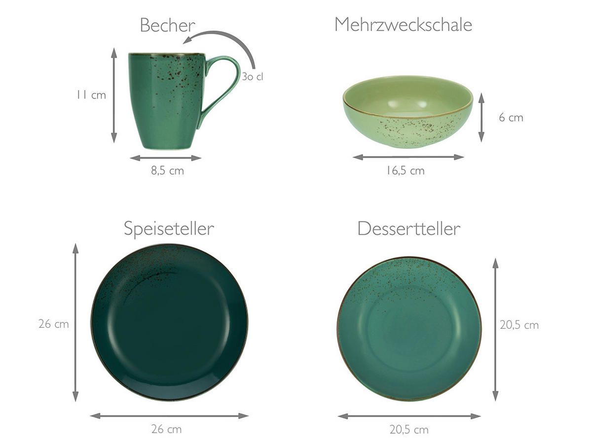 KOMBINOVANÝ SERVIS, 16-dielne, kamenina - zelená, keramika (34/31,5/33cm) - Creatable