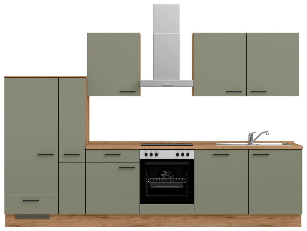 KÜCHENLEERBLOCK Senso 330 cm  in Eichefarben, Olivgrün  - Eichefarben/Schwarz, MODERN, Holzwerkstoff/Metall (330cm) - Nobilia