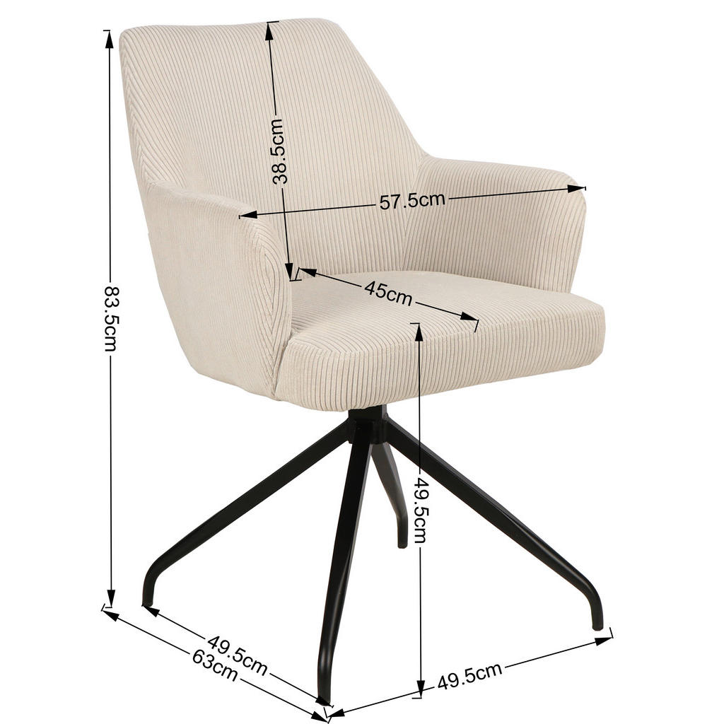 Thumbnail - Mid.you Armlehnstuhl Cord, Schwarz, Beige, Holz, Metall, Textil, Pappel, Sperrholz, Drehkreuz, 57x86x65 cm, Sitzfläche 3...