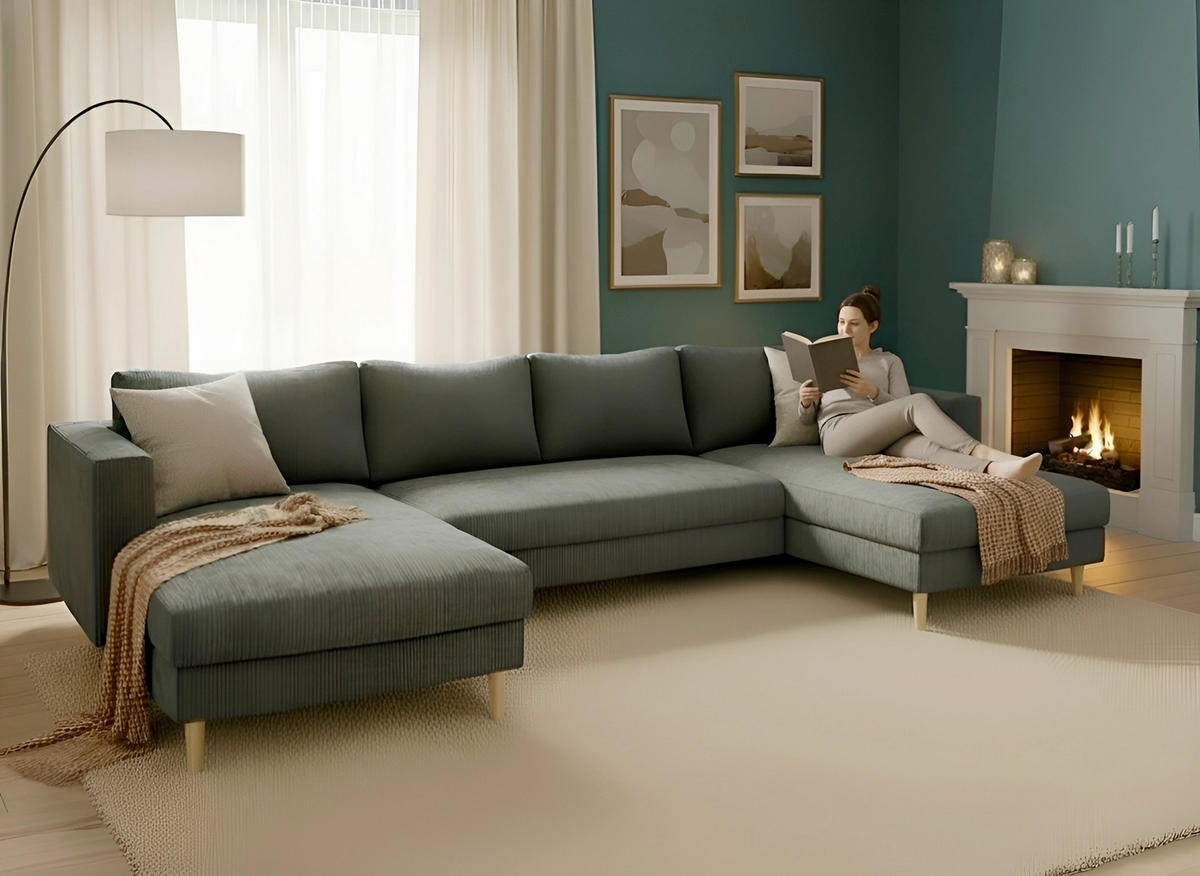 WOHNLANDSCHAFT Dunkelgrau Cord  - Dunkelgrau/Buchefarben, MODERN, Holz/Textil (161/306/161cm) - Trendmanufaktur