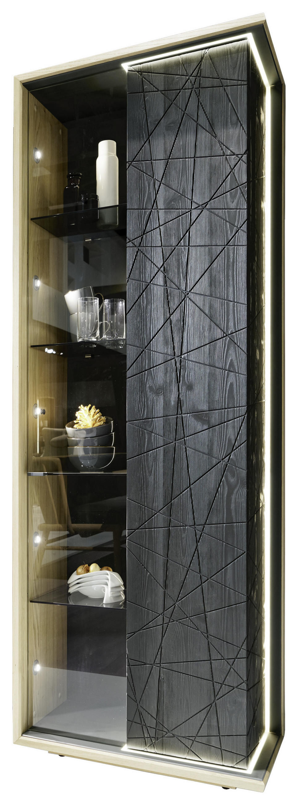 Vitrine in furniert, mehrschichtige Massivholzplatte (Tischlerplatte) Eiche, Lärche Schwarz, Eichefarben