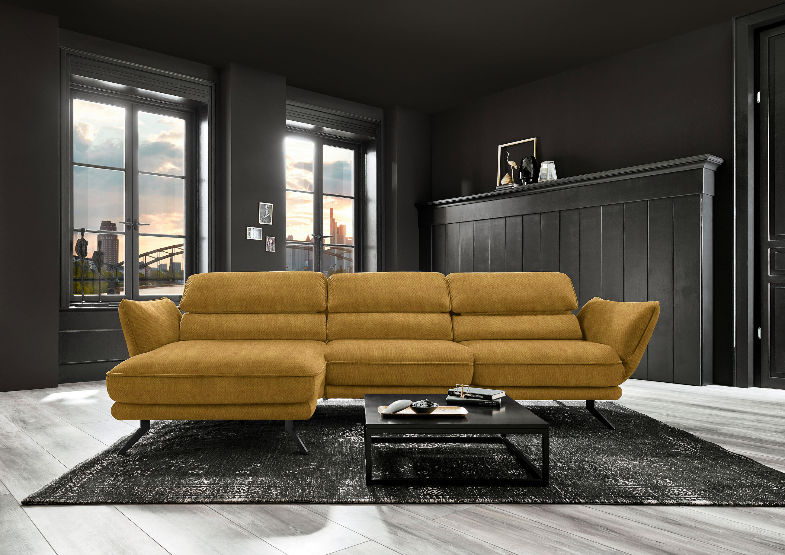 ECKSOFA in Velours Currygelb  - Currygelb/Schwarz, Design, Textil/Metall (153/283cm) - Valdera