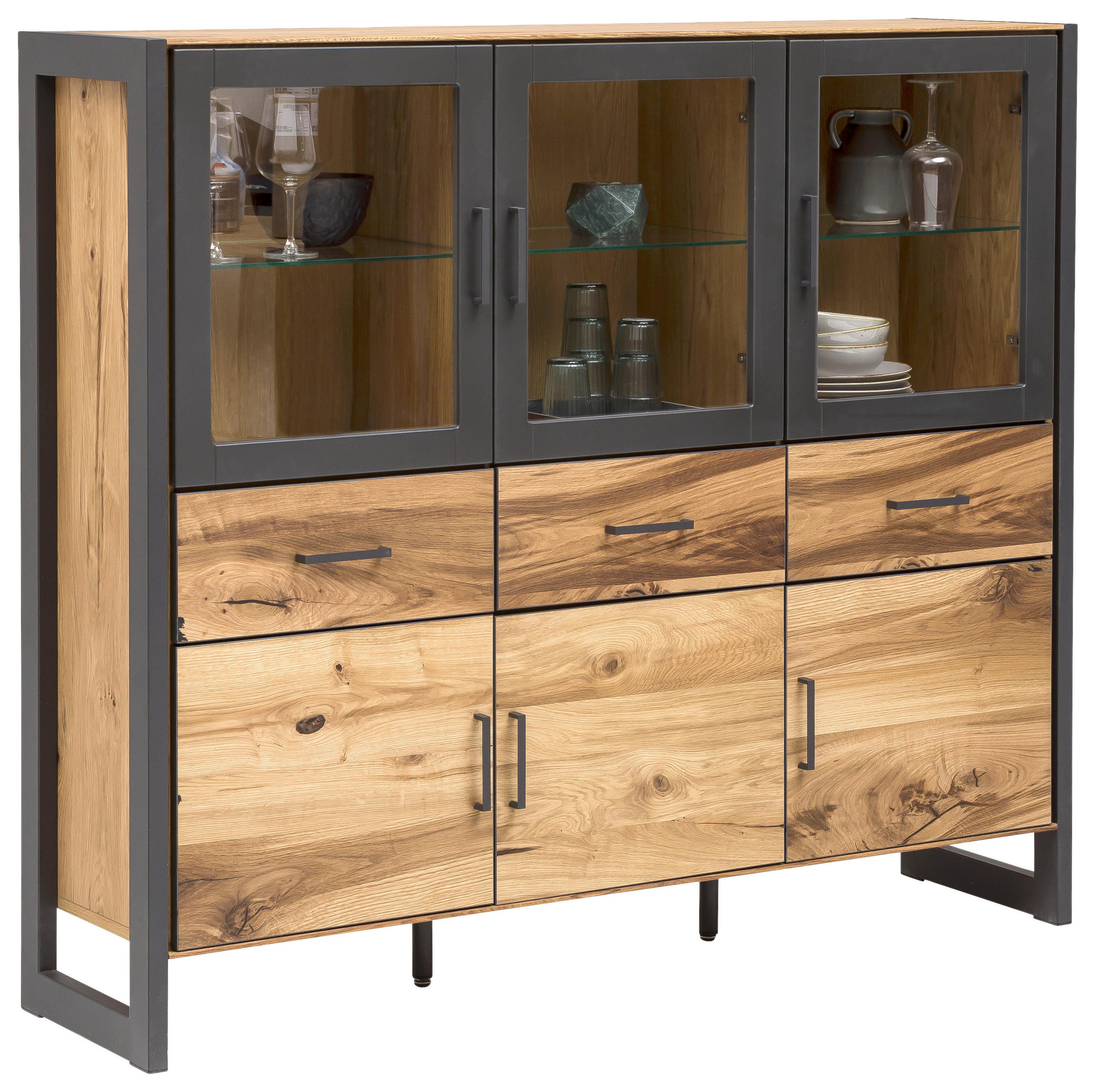 HIGHBOARD Eiche furniert Graphitfarben, Alteiche - Alteiche/Graphitfarben, Trend, Glas/Holz (158/141/40cm) - Carryhome