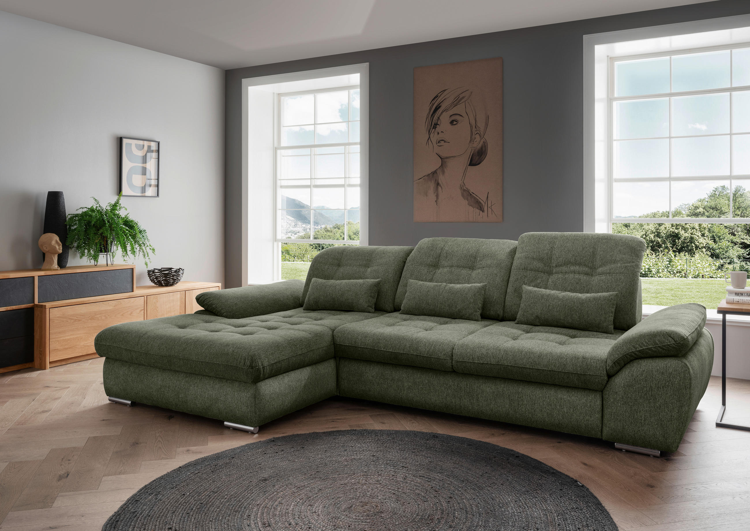 ECKSOFA in Chenille Grün  - Chromfarben/Grün, Modern, Textil/Metall (184/314cm) - Livetastic